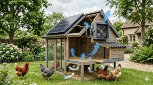 A detailed, photorealistic view of a small, weatherproof junction box mounted on the timber wall of a chicken coop, showing the connection point where the braided cable links the solar panel to the fan unit.