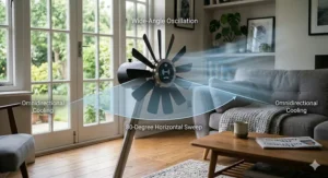 A telescopic pedestal fan being adjusted to different heights to suit both seated and standing positions in a room.