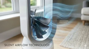 Close-up illustration of aerodynamic blades designed for a quiet living room fan to reduce wind noise.