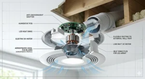 A detailed, labelled technical cross-section diagram of the modern circular bathroom extractor fan, revealing internal components such as the motor, axial blades, anti-backdraught shutter, humidistat PCB, and the air path to the external vent.