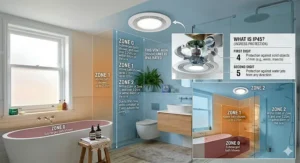 A detailed illustrated guide within a photorealistic bathroom setting, explaining UK electrical safety zones (Zones 0, 1, 2), safe IP ratings for extractor fan placement, and technical details of the IP45 fan unit's design.