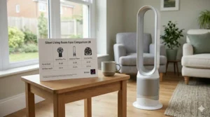 A comparison table showing noise levels and airflow reach of different quiet living room fan models available in the UK.