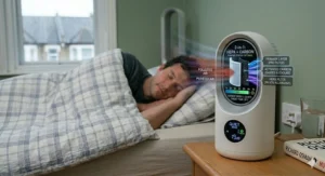 A modern bladeless fan in a family home, providing a safe cooling solution for hot sleepers with children or pets.