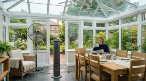 Modern white bladeless portable fan running on a side table in a contemporary glass-roof conservatory