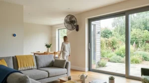 A large black ceiling fan installed in a period property living room with ornate cornicing.