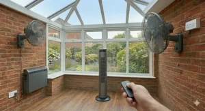 Product variety display showing chrome, white, and black wall fan units to suit traditional or contemporary conservatory styles.