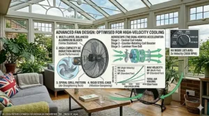 A technical blueprint breakdown of an advanced high-velocity fan design, illustrating multi-layer balanced aluminium blades, a rigid steel cage, a spiral grill pattern, and a chart mapping fan speed against air velocity.