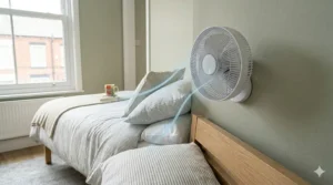 A small portable clip-on fan attached to a metal bed frame, ideal for cooling sleepers in small UK flats.