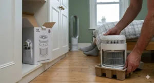 A lightweight, portable fan being tucked away into a typical British built-in wardrobe, showing its compact size for winter storage.