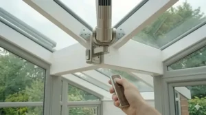 An infographic diagram showing how the best conservatory fans circulate trapped hot air beneath a glass roof to cool the room.