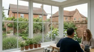 Infographic showing how an oscillating fan for conservatory spaces distributes cool air to prevent the greenhouse effect during British summer.