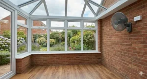 Illustration showing how solar heat builds up inside a glass conservatory roof and how a wall fan prevents the greenhouse effect.