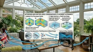 An advanced aerodynamics placement guide for large conservatories, showing 3D fluid dynamics charts, optimal fan positioning layouts, vortex stability, and the Coanda effect for turbulence-reduced airflow.
