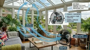 A technical graphic over a conservatory setting showing a cutaway of a high-velocity fan motor with labels for a powerful 120W motor, high-capacity start capacitor, thermal overload protection, and variable speed control.