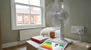An illustration showing a fan alongside a UK energy rating label, highlighting low running costs for small rooms.