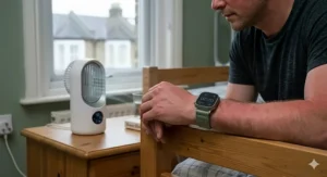 An infographic showing the low running cost of an eco-friendly floor fan, helping hot sleepers save on energy bills.