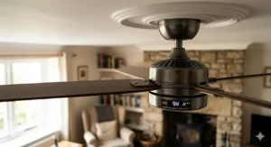 A schematic illustration comparing the low energy consumption of a modern DC motor ceiling fan against traditional cooling methods, emphasising savings on UK energy bills.