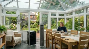 Graphic illustrating low electricity running costs for an eco-friendly portable conservatory fan