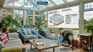 An overlay diagram on a conservatory interior showing blue curved arrows indicating cool air intake from lower vents and a large black floor fan directing high-velocity airflow upward toward the glass roof vents.