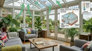 An infographic illustrating natural stack effect ventilation in an Edwardian conservatory layout, with green arrows demonstrating how cool air inputs from bottom vents and warm air exhausts via ridge vents.