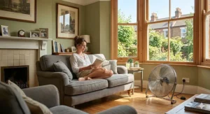 A compact, high-velocity metal floor fan providing powerful air movement in a sunlit UK living room during warm summer weather.