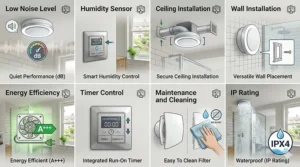 A close-up of the smart humidity sensor located on the fascia of a quiet bathroom extractor fan, showing how it detects vapour levels automatically.
