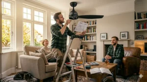 A homeowner on a stepladder installing a smart ceiling fan in a standard UK living room.