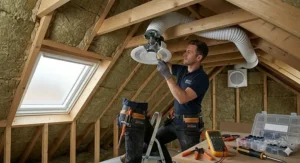 A photorealistic photograph from within a modern British house loft, showing a trade professional installation of a complex ventilation system. A different inline fan unit is being fitted, connected by ducting to an external wall vent, demonstrating a powerful loft-mounted alternative.