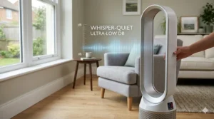 Illustration showing the low decibel rating of a quiet living room fan, comparing the sound to a soft whisper.