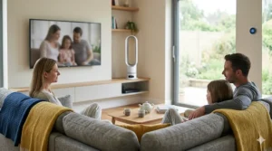 A safe, bladeless fan cooling a large family room with modern British interior decor.