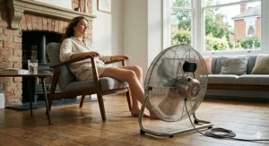 A sleek, black oscillating pedestal fan positioned near a wall radiator and a sofa, providing a localised cooling breeze in a British sitting room.