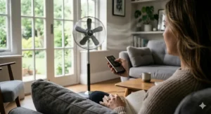 A person sitting on a sofa using a remote control to adjust the speed of a standing fan across the room.