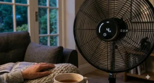 Detailed view of the LED display on a pedestal fan showing the 8-hour sleep timer setting for overnight cooling.