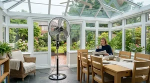 Quiet oscillating tower fan standing in the corner of a sunlit brick conservatory to improve air circulation