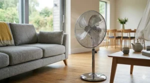 A chrome-finished pedestal fan providing cooling for a large traditional sitting room.