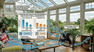 A performance graphic detailing conservatory ventilation efficiency, highlighting rapid cooling, accelerated moisture extraction, and maximum air circulation achieved by an industrial-grade floor fan compared to a standard fan model.