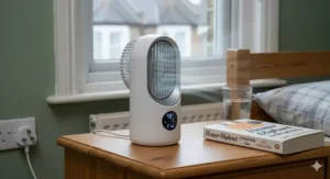 A small, silent desk fan on a wooden nightstand, highlighting low decibel levels for undisturbed sleep during a British summer heatwave.