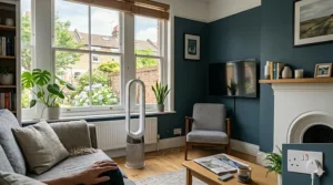 Close-up of a bladeless fan display showing night mode, ideal for a quiet evening in a modern UK flat.