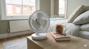 A small copper-finish desk fan sitting on a wooden bedside table next to a reading lamp and a cup of tea.