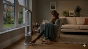 A quiet living room fan in a dimmed setting, showing the "night mode" feature which turns off LED lights for better sleep.