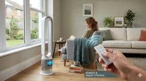 A hand holding a remote control to adjust settings on a quiet living room fan from across a carpeted sitting room.