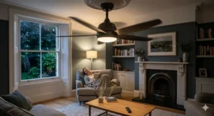 An illustration visualising low decibel levels (dB) for a living room fan, indicating quiet operation suitable for watching television or relaxing in a sitting room.