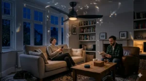 A smart fan in Sleep Mode with dimmed lighting and a quiet setting for use in a British living space.