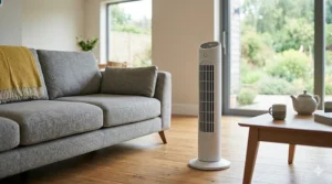 A sleek, oscillating tower fan positioned next to a sofa in a large open-plan lounge.