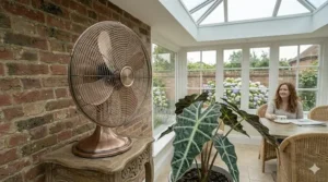 Graphic displaying a temperature drop comparison when using a high-performance oscillating fan for conservatory ventilation.