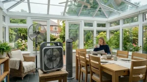 Close-up of a hand using a remote control to adjust a smart portable conservatory fan setup