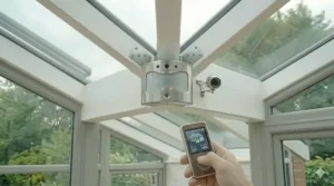 Graphic demonstrating a conservatory ceiling fan running in reverse clockwise direction to push warm air down during British winter months.