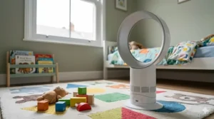 A modern bladeless floor fan providing a smooth breeze in a small child's bedroom with colourful decor.