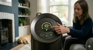 A bladeless living room tower fan design, showing a safe cooling solution for UK homes with pets and children.