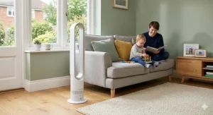 A white bladeless tower fan standing on a wooden floor in a family-friendly UK living room, highlighting its safety for homes with children.